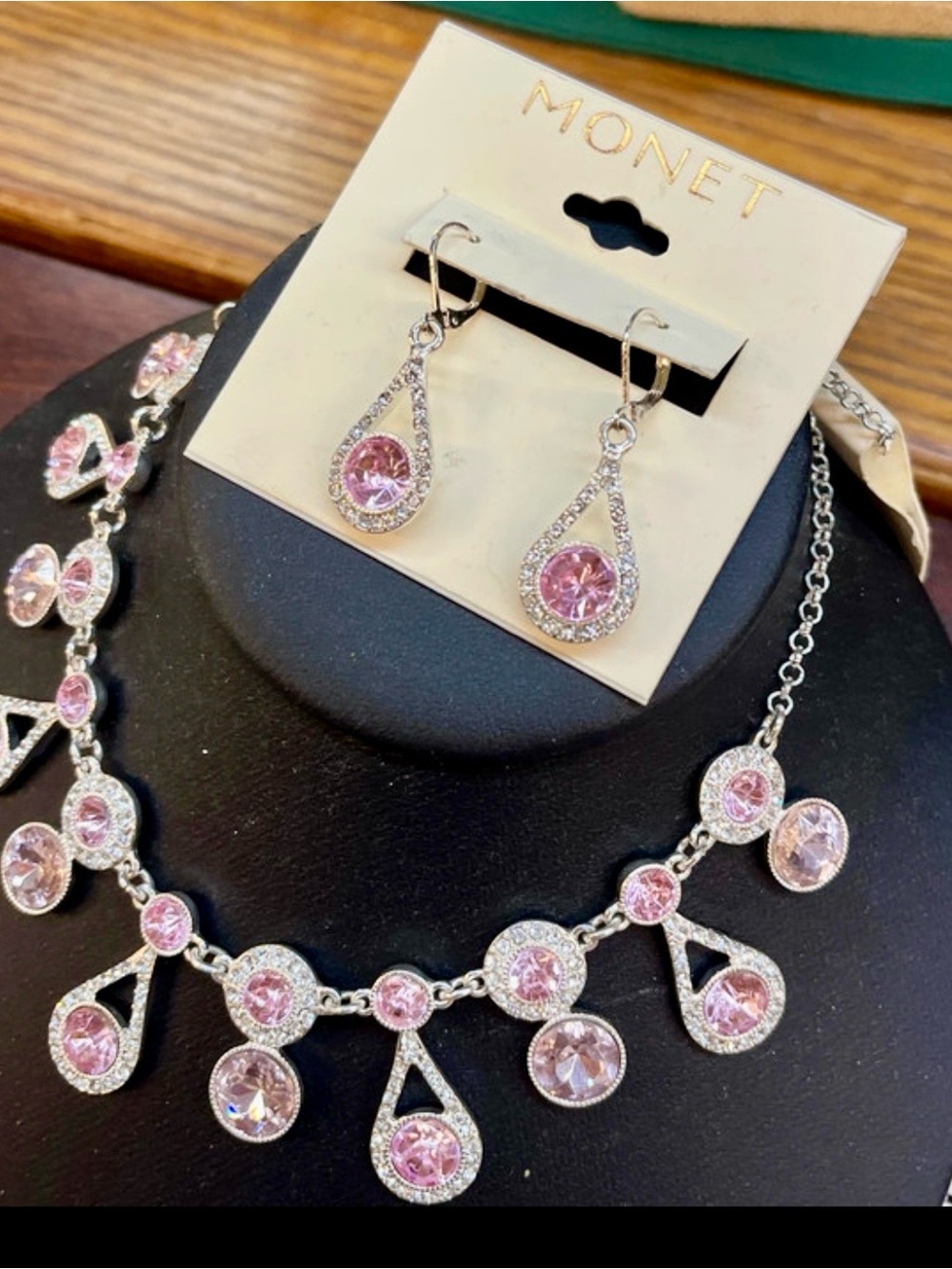 Monet Pink Crystal Teardrop Necklace and Dangle Earrings Set - Picture 3 of 9